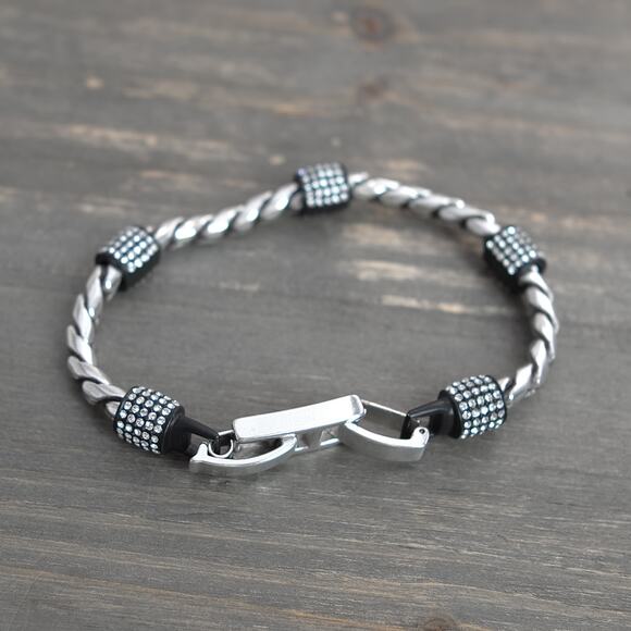 Brighton Meridian Chain Bracelet Silver Black Clear Crystals Fold Over Clasp 8" - Picture 7 of 8